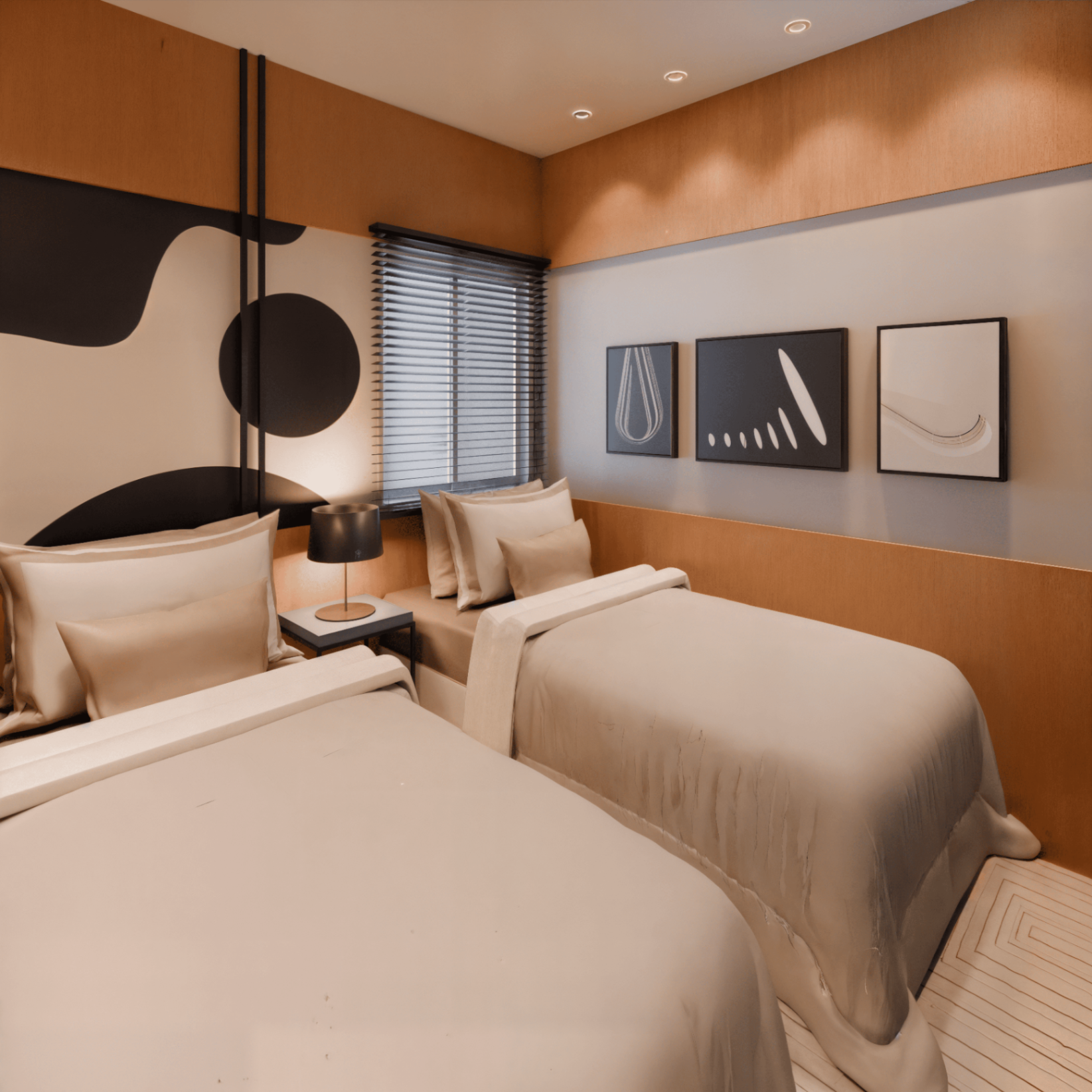 Dormitório duplo com painel decorativo e quadros