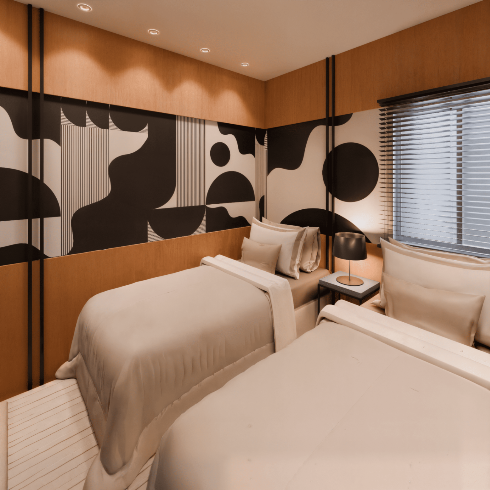 Dormitório duplo com painel gráfico em preto e branco