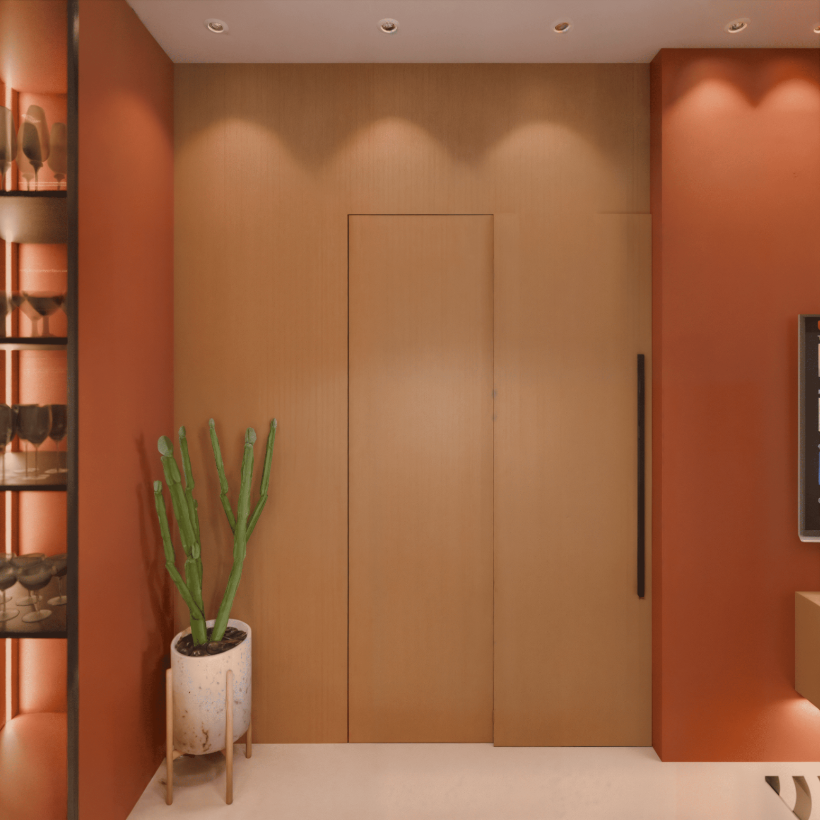 Hall com marcenaria amadeirada e parede terracota
