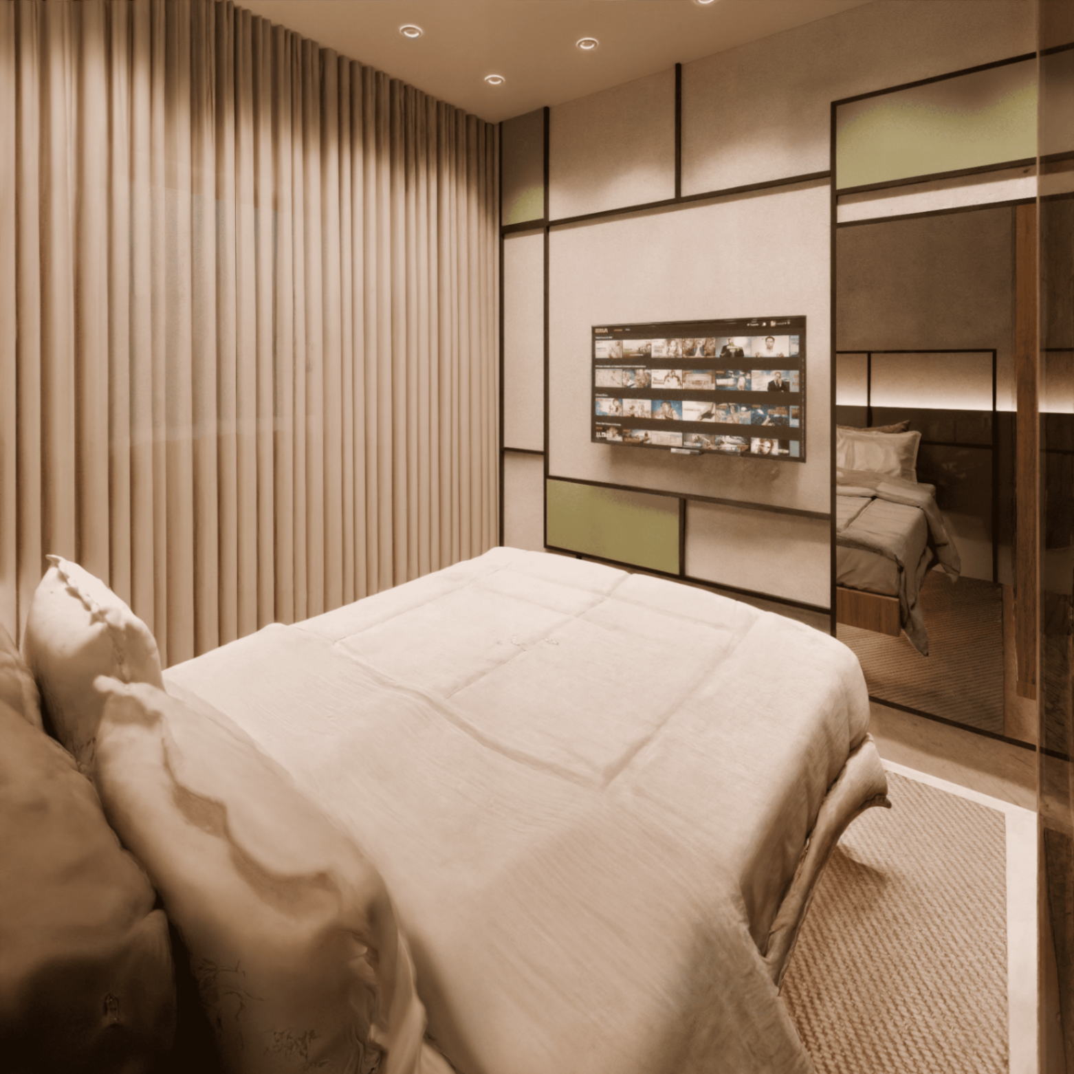 Dormitório com painel e closet espelhado